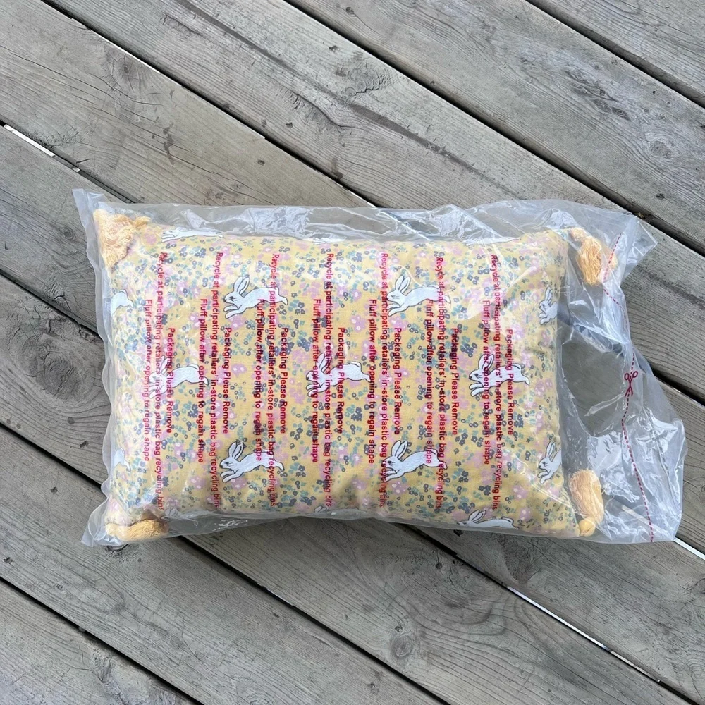 threshold embroidered bunny yellow pillow with tassels 14”x20”